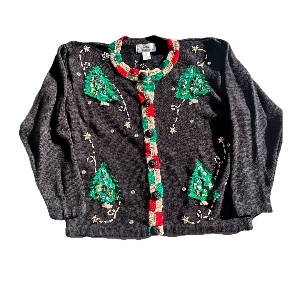 Vintage Christmas Cardigan Women’s Sweater Sz Large Embroidered Cottagecore